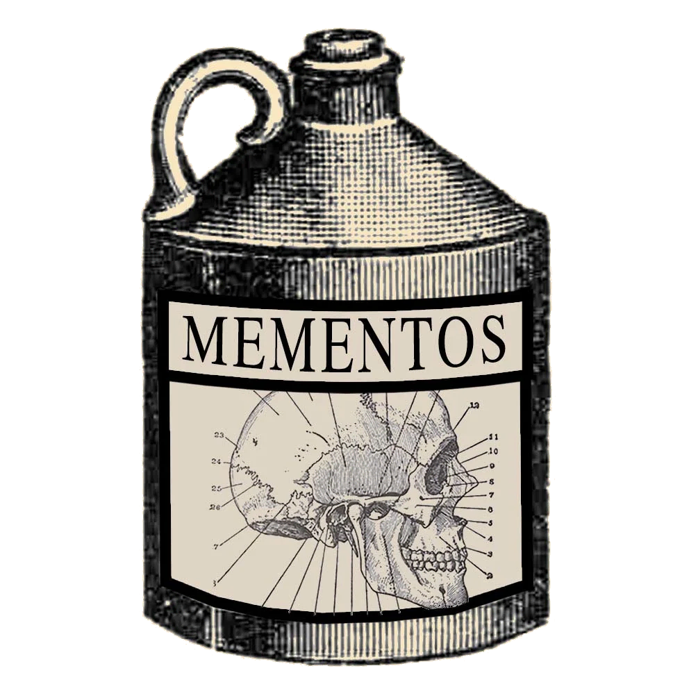An illustration of an old jug bottle whose label has a diagram of a skull and the word mementos