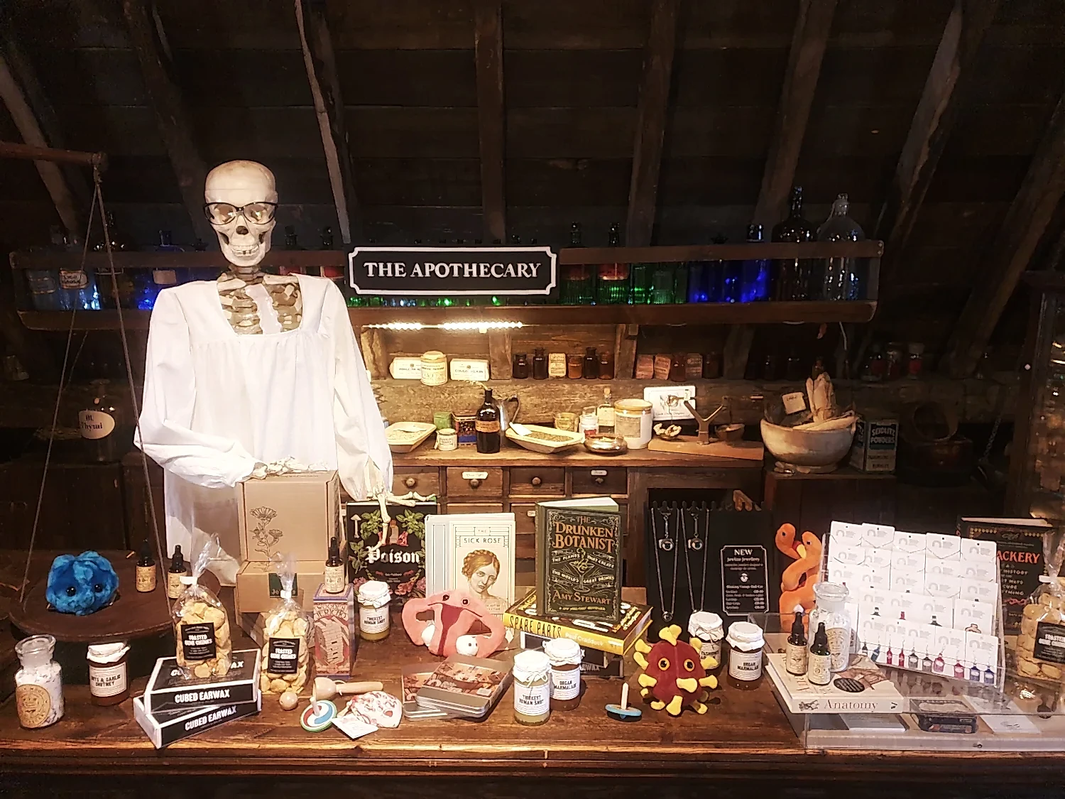 A skeleton wearing glasses and a white gown behind the apothecary counter, on which is a splendid array of shop products, including books, jewellery, plush toys, jam and toiletries