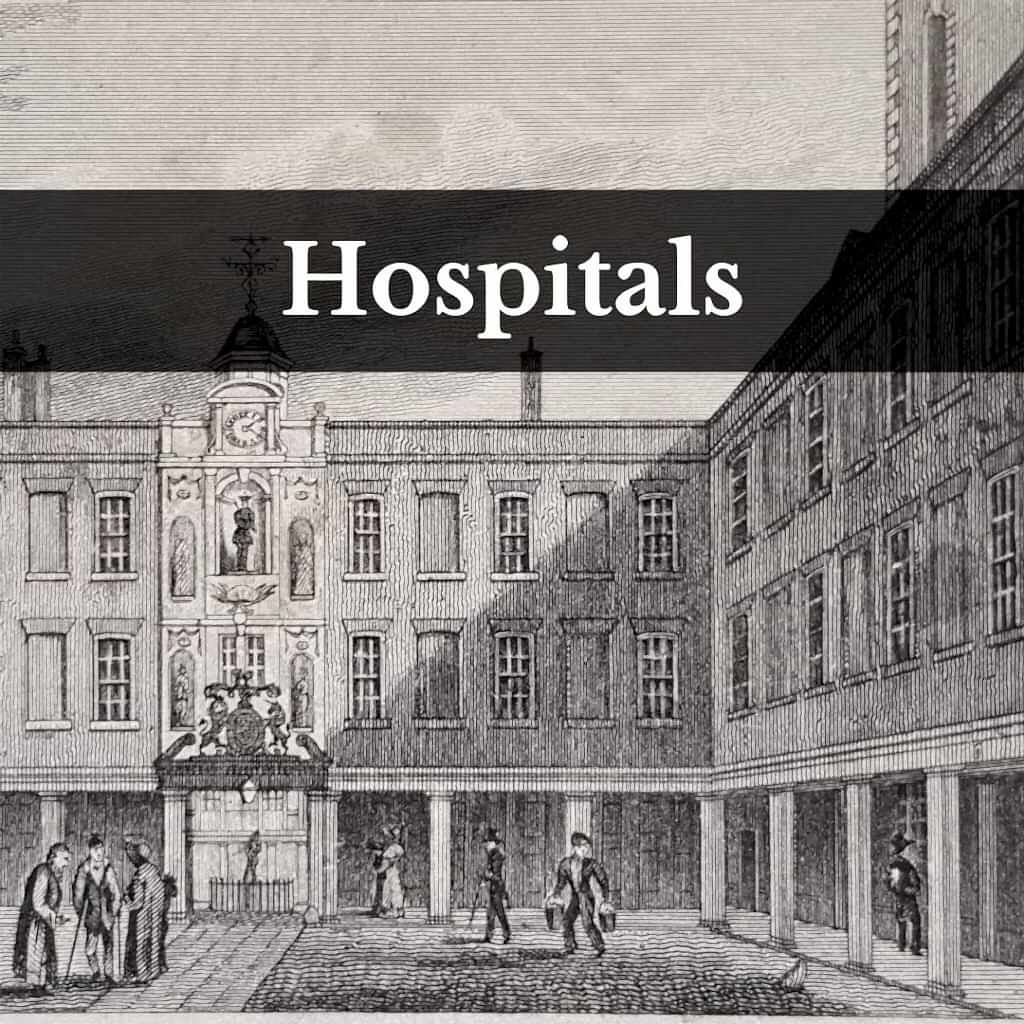Word 'Hospitals' over illustration of hospital courtyard