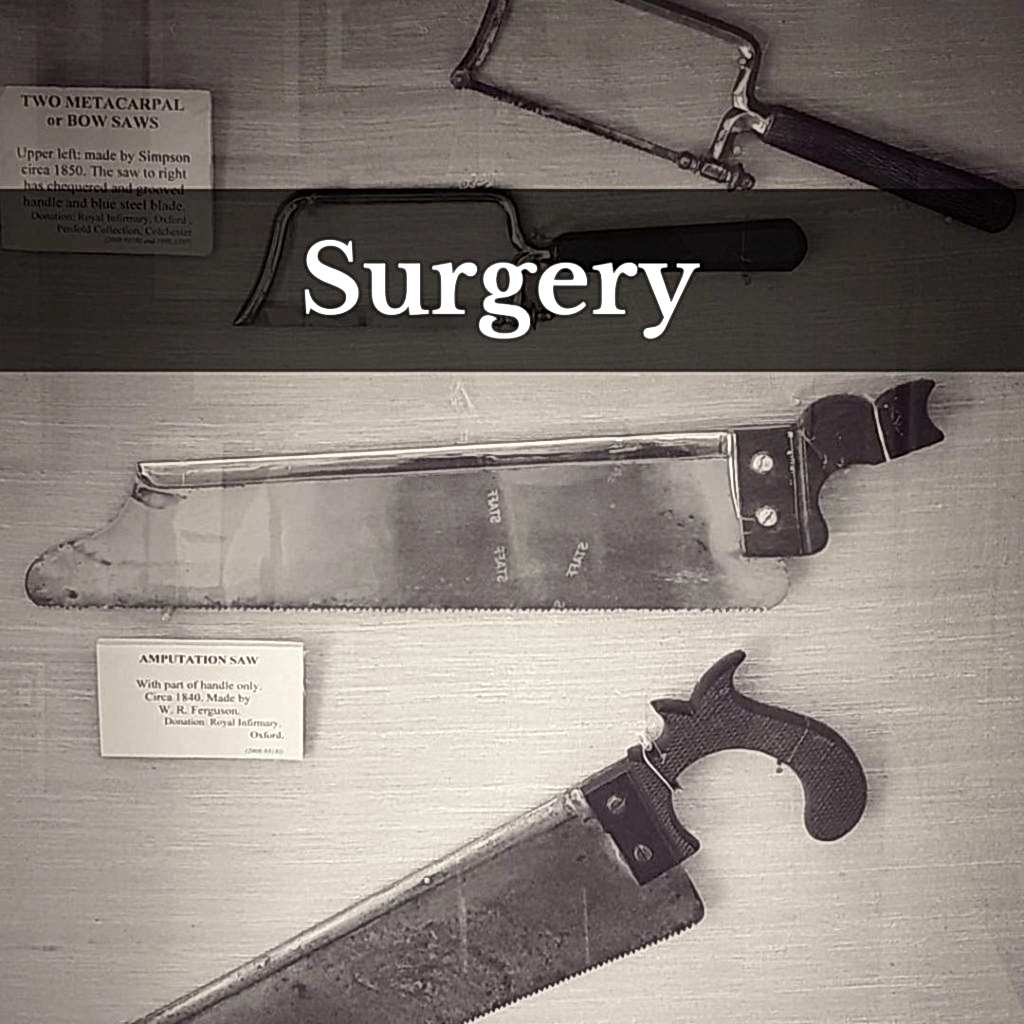 Word 'surgery' over saws display